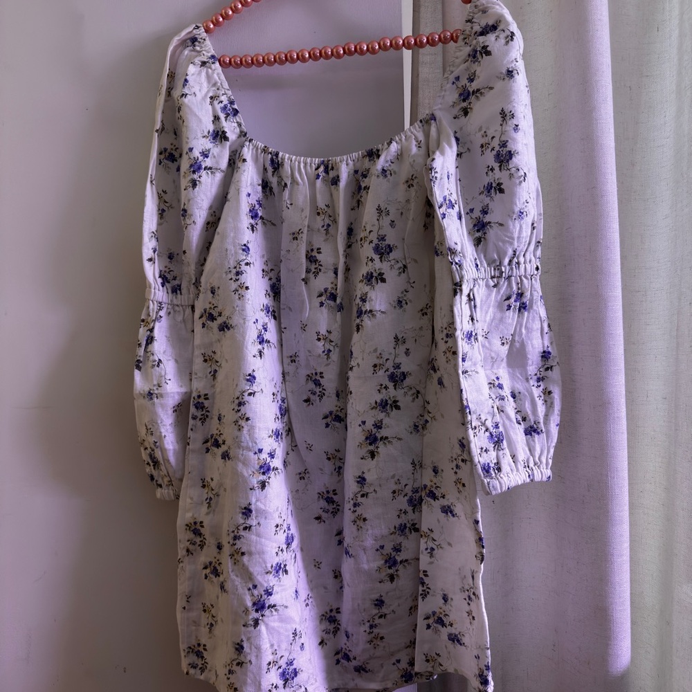 Reformation White and Blue Linen Square Neck Dress
